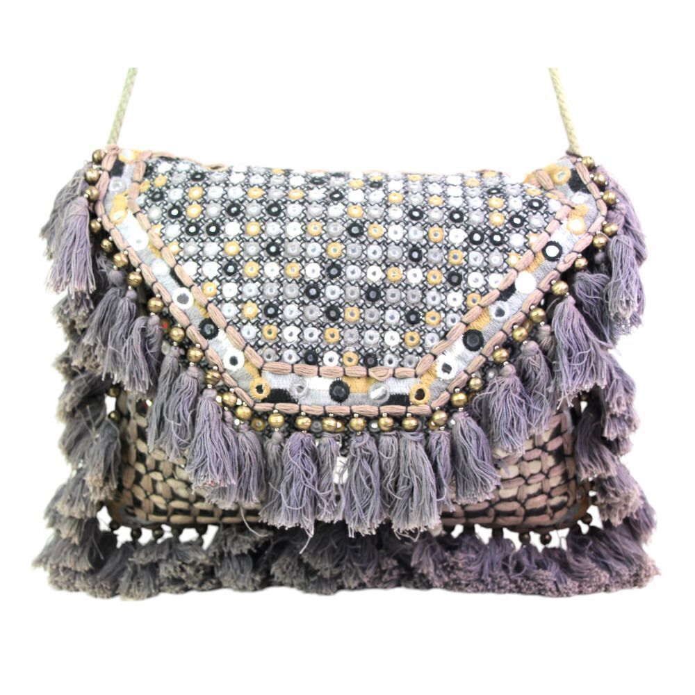 ibBan GRAY BEADED SEQUINS COTTON FLAP FRINGE X-BODY SHOULDER BAG HANDBAG PURSE